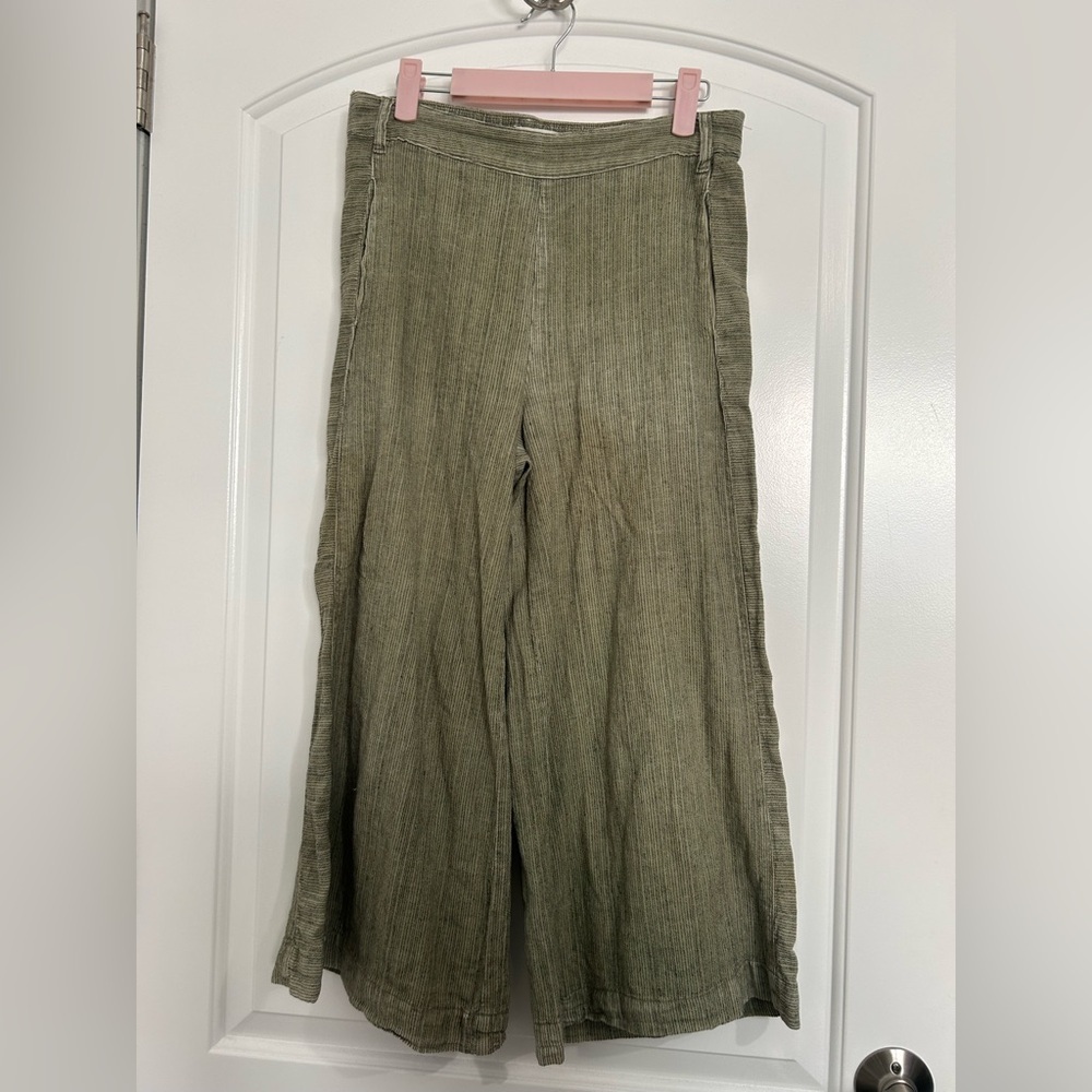 Anthropologie Olive Green Wide Leg Linen Blend Pants Size XS chic boho flowy